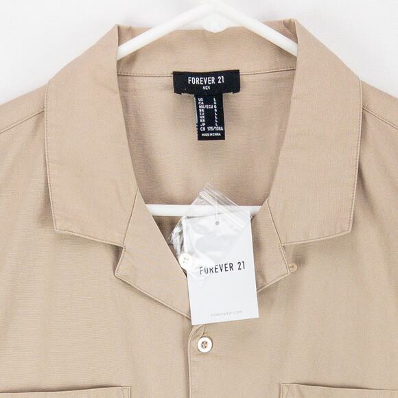 Forever 21 Woven Top Men's Large Camp Collar Long Sleeve Cotton Taupe - Picture 4 of 12